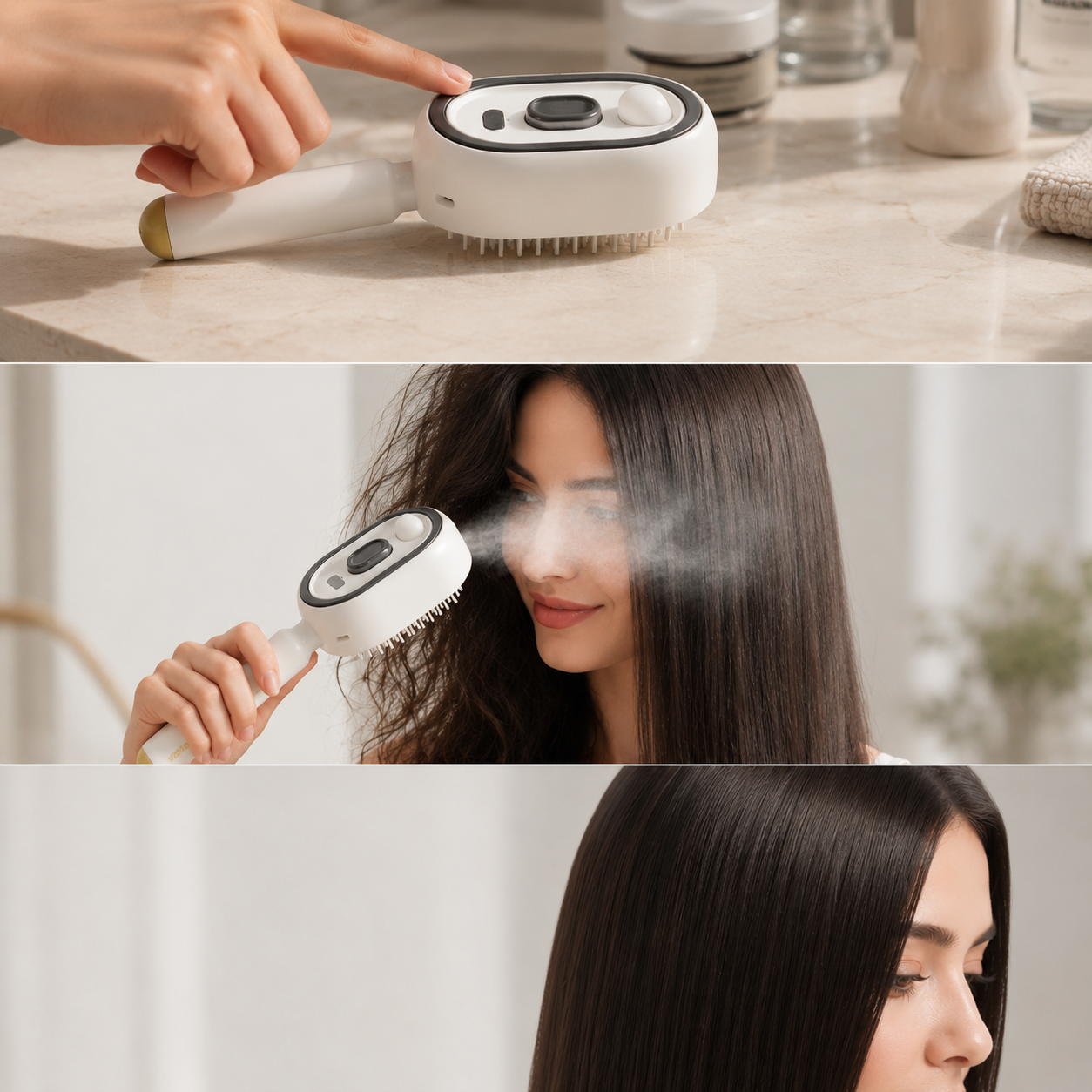 Woman gliding the SteamGlow Steam Massage Comb through long hair, showing warm steam and smooth, shiny results