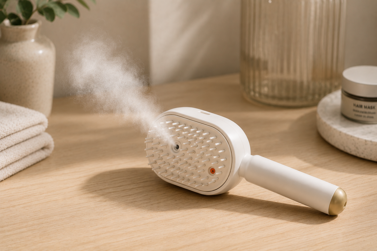 SteamGlow Steam Massage Comb releasing warm steam on a spa-style bathroom counter