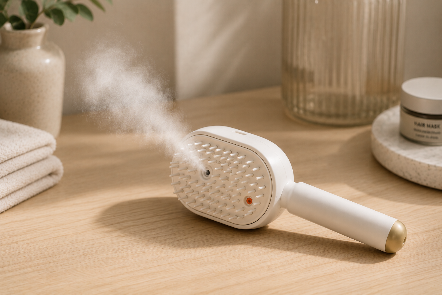 SteamGlow Steam Massage Comb releasing warm steam on a spa-style bathroom counter