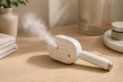 SteamGlow Steam Massage Comb releasing warm steam on a spa-style bathroom counter