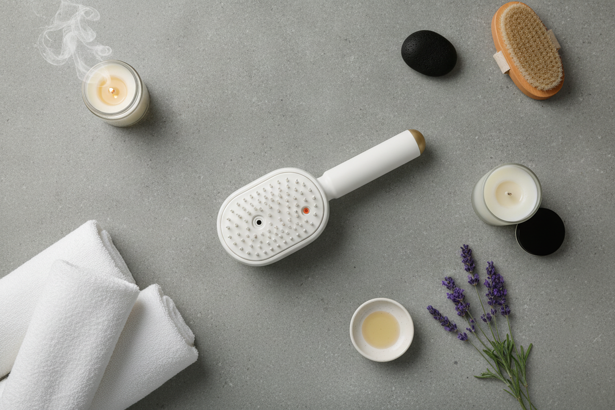 SteamGlow Steam Massage Comb styled with candles, towel and lavender in a calming spa flat-lay