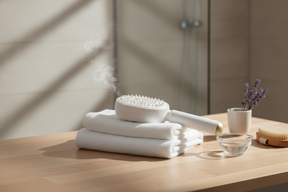 SteamGlow Steam Massage Comb resting on folded towels in a warm, minimal bathroom setting